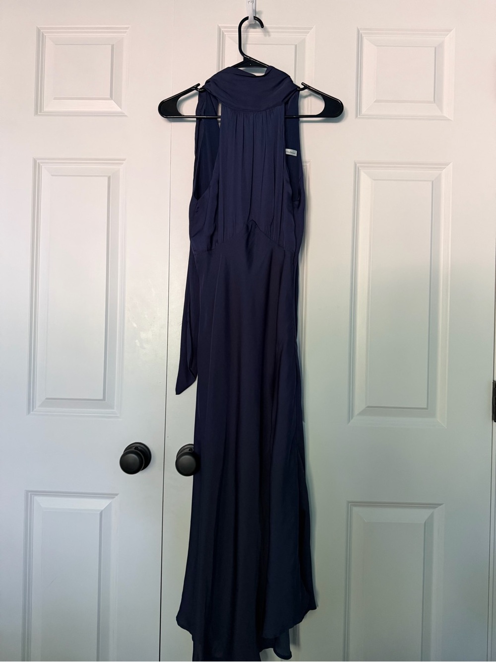 Satin Navy Halter Neck Scarf with Side-Slit Midi Dress